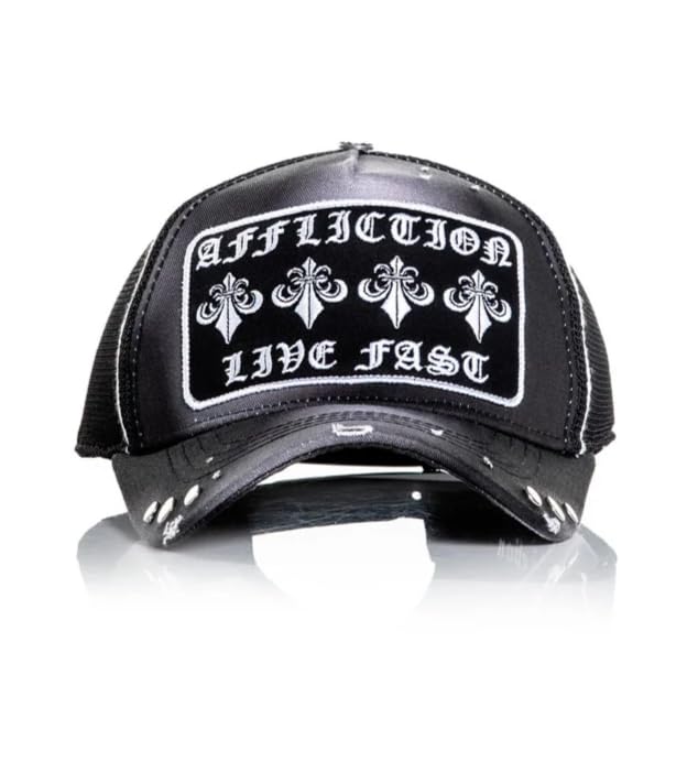 Affliction Men's Baseball Cap, Gothic Style, Embroidered Pattern - color: Black Potassium Spay (Life)