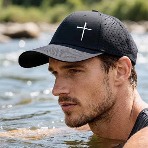 Christian Cross Hat for Men, Quick Dry Baseball Cap, Faith Gift Hats - color: Black