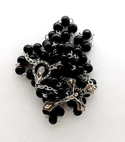 Eurofusioni Catholic Rosary beads Prayer men and women - Black wooden bead necklace and silver plated cross