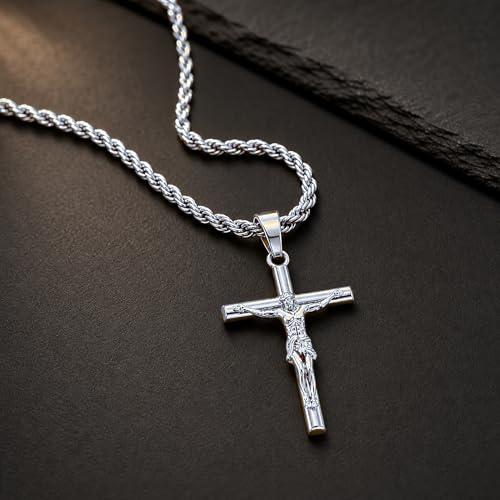 Mens Cross Necklace, 18K Gold Plated Crucifix Pendant - color: Silver