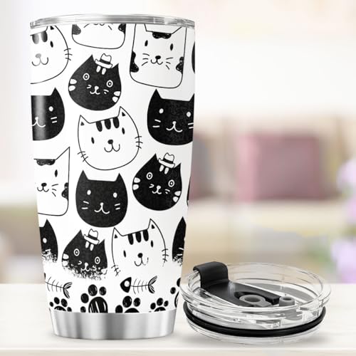 Funny Black Cat Everything Is Fine Tumbler, 20oz Stainless Steel Insulated Cup with Cute Crying Kitten Design, Sarcastic Gift for Cat Lovers, Friends, Coworkers, Birthday, Halloween - color: Funny Cat Lover