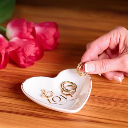 Christian Art Gifts Scripture Inspired Decorative Ceramic Heart Shaped Trinket Tray Dish for Women: Love, Cute Small Novelty Jewelry Storage Holder for Rings, Necklaces, Bracelets, Watches, White/Gold