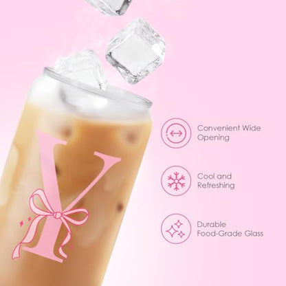SANDJEST Monogrammed Glass Drinking Can Cup with Acrylic Lid and Straw, Personalized Frosted Iced Coffee Tumbler 16oz, Monogram Initial Gifts for Women Girls on Birthday (Y) - color: Y
