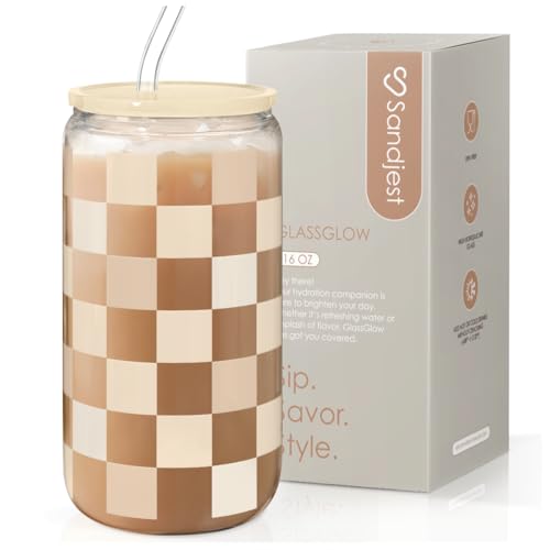 SANDJEST Checkerboard Glass Can, Beige Checker Cup with Lid & Straw, Iced Coffee Aesthetic Cups, Gift for Christmas Birthday Mother Day, Gifts for Women, 16oz - color: Checker