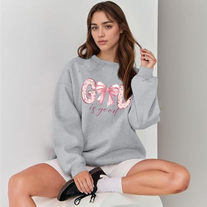 KEEVICI God Is Good Christian Sweatshirts for Women Bow Jesus Cute Bible Verse Sweatshirt Faith Religious Graphic Hoodies - color: Light Gray, size: Large