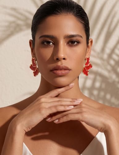 S925 Sterling Silver Flower Statement Earrings For Women Trendy - color: light red