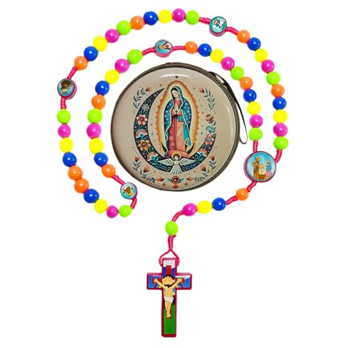 Rosary Beads Rosarios Catolicos, Colorful Plastic with Blue and Red Pendant Crosses, Pocket for Women with Rosary Box, Baptism Easter Gifts - color: Pink, style: F