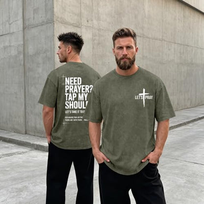 BINTEHGS Mens Christian T Shirts Need Prayer Tap My Shoulder Shirt Jesus Faith Oversized Graphic Tees God Acid Wash Tshirt - color: Army Green, size: Large
