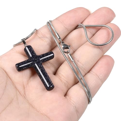Justinstones Natural Gemstone Carved Cross Reiki Chakra Pendant Necklace 22 Inch - color: 40mm Synthetic Blue Goldstone