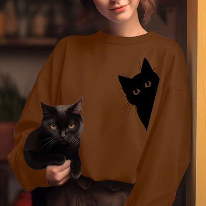 Cat Sweatshirts for Women Graphic Print Sweatshirt Funny Long Sleeve Shirt Cute Pullover Lightweight Hoodie Tops - color: Brown, size: X-Large