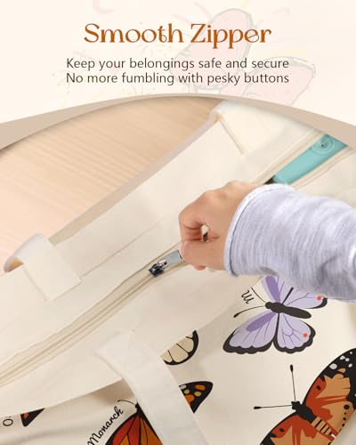 Miss Adola Canvas Tote Bag with Zipper for Women - color: Colorful Butterfly