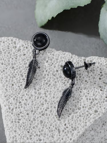 Black Dangle Drop Earrings 925 Sterling Silver Black Onyx Stud Earrings Viking Rune Jewelry Gift for Women Men - color: A04-Feather