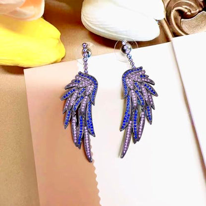 Crystal Cubic Zirconia Angel Wings Dangle Drop Earrings for Women Silver Rhinestone Guardian Angle Dangling statement Earrings gifts for Wife Mom Her - color: Blue