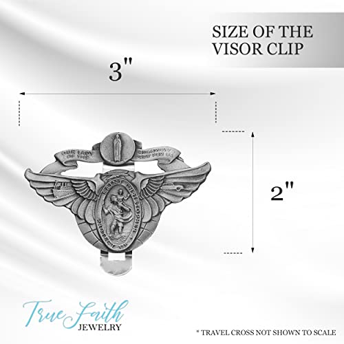 True Faith Jewelry Pewter Winged Miraculous Mary and St Christopher Visor Clip for Car, Patron Saint of Travelers, Gift for New Driver, Fine Pewter (92% Tin), 2 x 3 Inch - size: St. Christopher 3