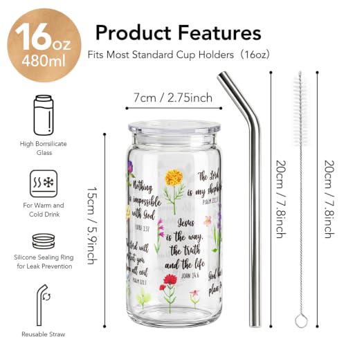 Christian Bible Verse Gifts for Women 16Oz Glass Cups with Lids & Straws, Wildflower Scripture Faith Religious Gifts for Friends, Mothersday Baptism Birthday Gifts for Church Friends Christian Women