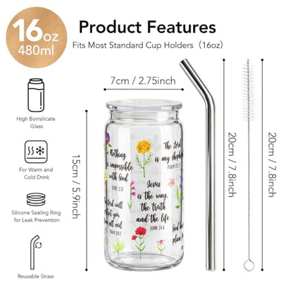 Christian Bible Verse Gifts for Women 16Oz Glass Cups with Lids & Straws, Wildflower Scripture Faith Religious Gifts for Friends, Mothersday Baptism Birthday Gifts for Church Friends Christian Women