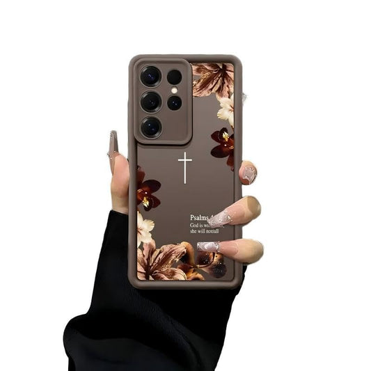 Vintage Floral Cross Psalms 46:5 Phone Case for Samsung S24 Ultra, Brown - color: Brown