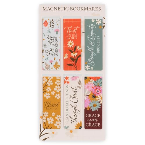 Christian Art Gifts Inspirational Magnetic Bookmark Pagemarker Set: Multicolor Floral Designs & Encouraging Bible Verse Messages, Reading, Books, 6 Piece Set
