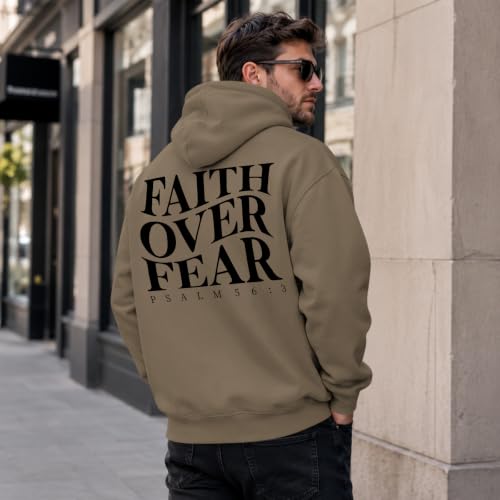 Faith Over Fear Christian Hoodies for Men Religious Jesus Hoodie Bible Verse Graphic Sweatshirt Fleece Pullover - color: Coffee, size: Medium