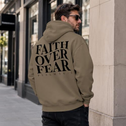Faith Over Fear Christian Hoodies for Men Religious Jesus Hoodie Bible Verse Graphic Sweatshirt Fleece Pullover - color: Coffee, size: Medium