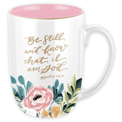Christian Art Gifts Large Ceramic Coffee Mug: Psalm 46:10 Bible Verse - color: Be Still/White & Pink Floral