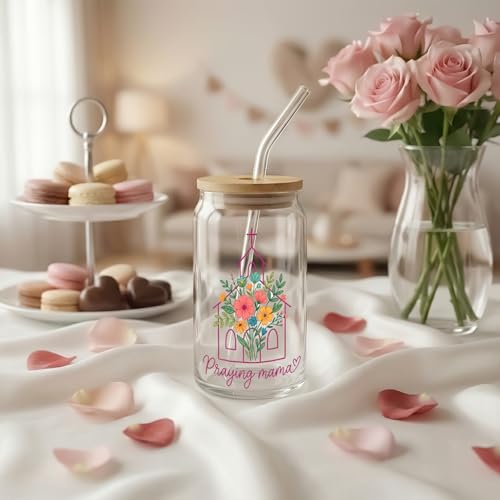 Praying Mama Floral Christian Glass Cups With Wood Lids And Straws, Women Of The Bible Glass Tumbler, Glass Can With Design, Mothers Day Gift Glass Cup, Bridal Party Gifts, Mom Iced Coffee Mug