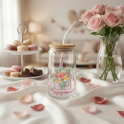Praying Mama Floral Christian Glass Cups With Wood Lids And Straws, Women Of The Bible Glass Tumbler, Glass Can With Design, Mothers Day Gift Glass Cup, Bridal Party Gifts, Mom Iced Coffee Mug