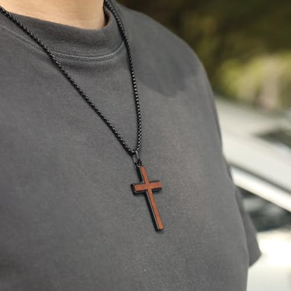 Wooden Cross Necklace for Men, Black Crucifix Pendant