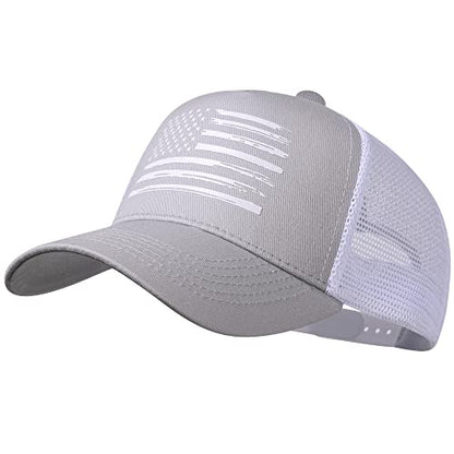 Baseball Cap, American Flag Trucker Hat for Men Women, Breathable Adjustable Fit Outdoor Mesh Snapback Hats - color: Gray/White Flag