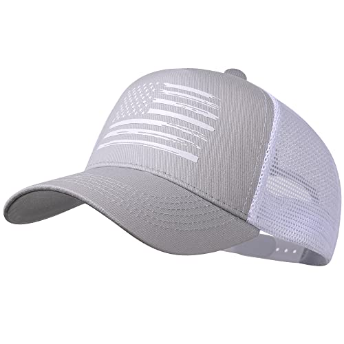 Baseball Cap, American Flag Trucker Hat for Men Women, Breathable Adjustable Fit Outdoor Mesh Snapback Hats - color: Gray/White Flag
