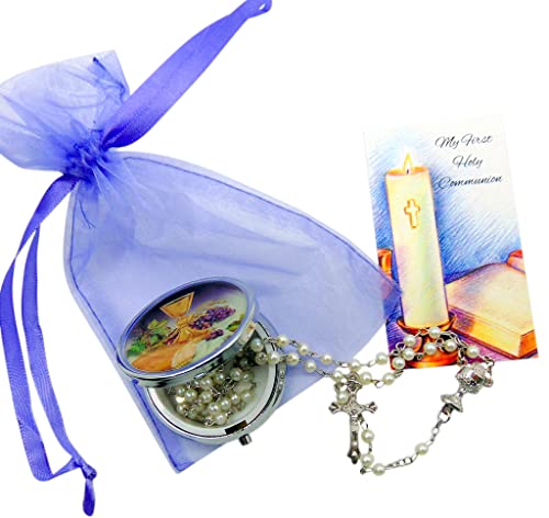 Westmon Works Girl's First Communion Rosary Set White Glass Bead with Metal Chalice Centerpiece and Crucifix with Case and Holy Prayer Card in a Drawstring Bag
