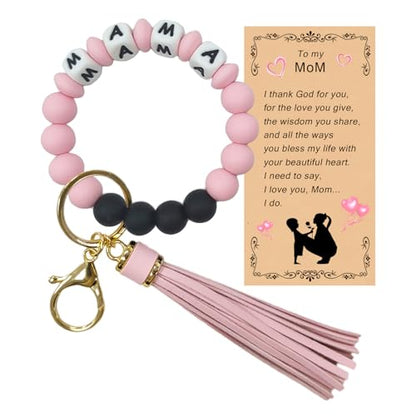 SHINYHARBOR Silicone Beaded Wristlet Keychain Bracelet,Key Wrist Keychains for Women Mom Teachers Best Friend - color: Mama-pink