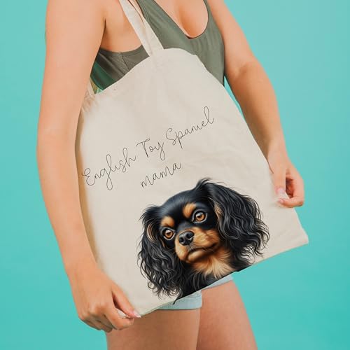 Dog Mom Canvas Tote Bag for Women, Reusable Cotton Shoulder Bag, Dog Lover Gift, Mother’s Day Pet Mom Shopping Tote - color: English Toy Spaniel