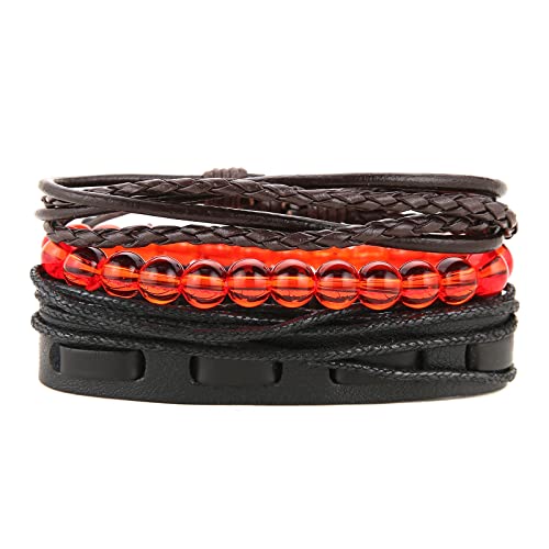 HZMAN Handmade Hemp Cords Wood Beads Leather Bracelets for Men Women - style: Red Onyx Stone