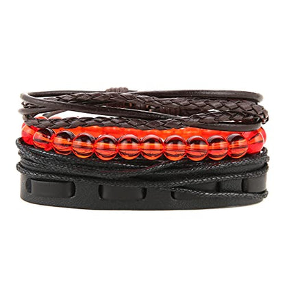 HZMAN Handmade Hemp Cords Wood Beads Leather Bracelets for Men Women - style: Red Onyx Stone