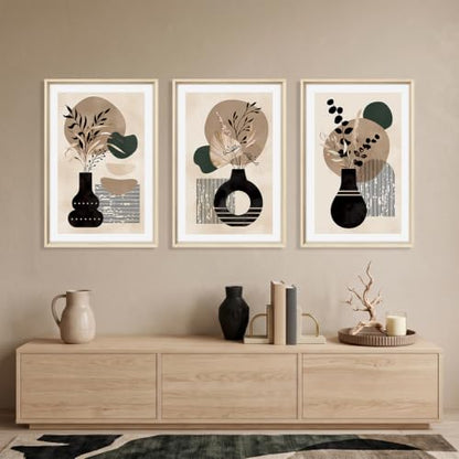 HOURIA Mid Century Modern Black Vase Framed Canvas Wall Art Set- 16"x24"x3 - color: Boho Vase Botanical Wall Art, size: 16"L x 24"W