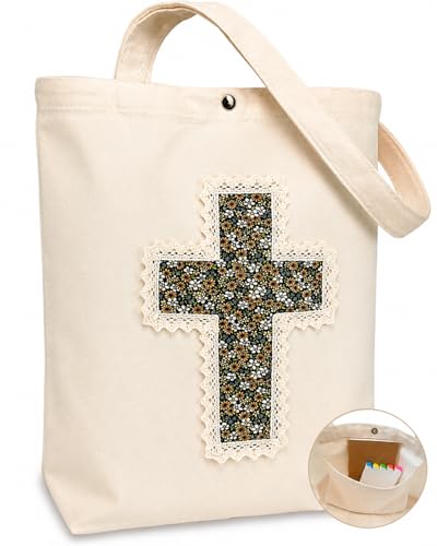 Christian Tote Bag Gift for Women, Canvas Bible Bag Handmade Floral Cross - color: Cream-brown Daisies