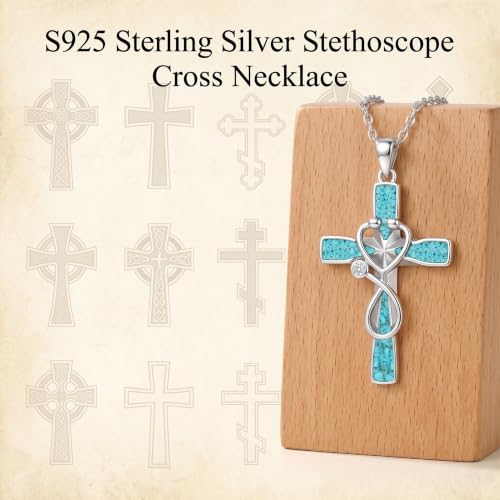 Infinity Cross Necklace S925 Sterling Silver Turquoise/Wooden/Opal/Abalone Cross Pendant Necklaces Christian Jewelry Gifts For Women - style: Stethoscope Cross