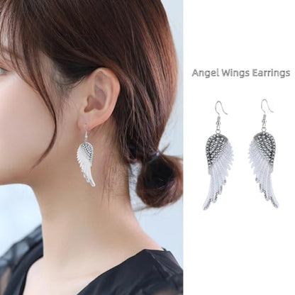 Angel Wings Dangle Earrings for Women Unique Rhinestones Copper Fairy Feather Guardian Dangle Drop Hook Womens Dangling Earrings Silver Plated Jewelry