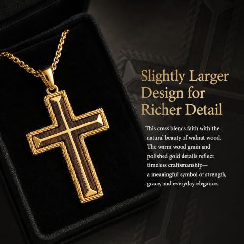 14K Gold Plated Wood Cross Necklace for Men Christian Pendant Jewelry - color: A05-Cross