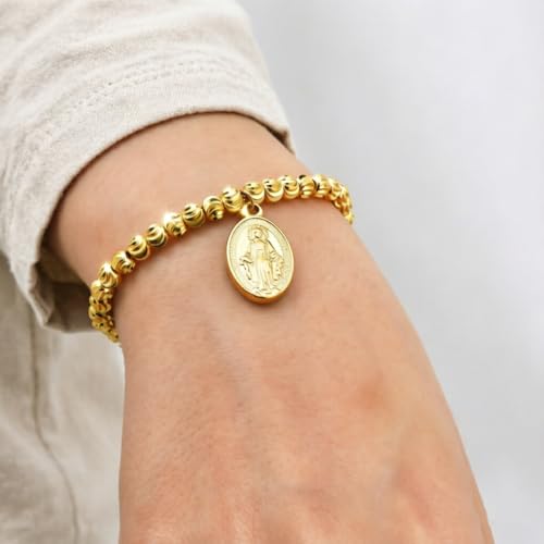 Rnivida 14K Gold Plated Stainless Steel Catholic Rosary Bracelet for Women,Religious Gift for Confirmation Baptism First Communion Easter - color: Gold