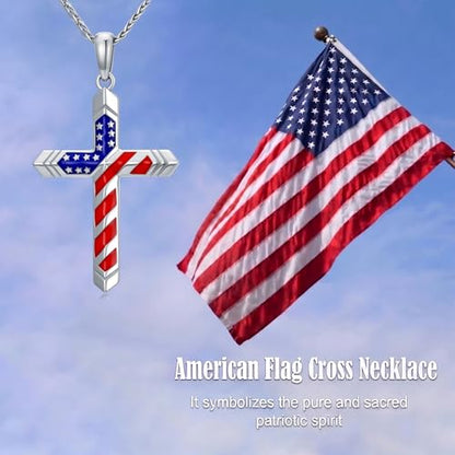 American Flag/Eagle/Star Necklace for Women 925 Sterling Silver Silver/Gold/Black American Flag Pendant 4th of July Jewelry for Wife Sister Girlfriend - color: White-2