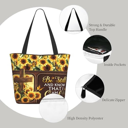 Bible Tote Bags for Women Christian Tote Bag Church Shoulder Bag Inspirational Bags With Zipper Christian Gift - color: Be Still and Know That I Am God 4