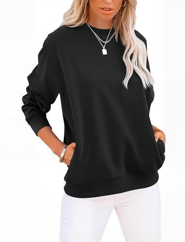 GKBK Womens Sweatshirts Cotton Crew Neck Lightweight Pullover Pocket Tops - color: A- Black, size: X-Large