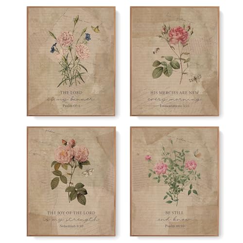 LARTSFRO Vintage Botanical Floral Prints, Plant Art Wall Decor, Floral Wall Art, Christian Poster Gifts, Christian Gifts for Women, Floral Bible Verse Posters, Posters for Room Aesthetic, 10x8 Inch Set of 4 Unframed - color: vintage floral bible