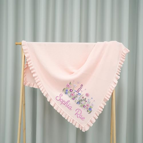 Wildflower Nursery Quilt Blanket with Ruffle Edge – Custom Embroidered Floral Name Blanket, Personalized Newborn Gift for Girls, Soft Keepsake for Baby Shower - color: A02