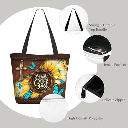 Bible Tote Bags for Women Christian Tote Bag Religious Church Bags for Women Organizer Christian Gift With Zipper - color: Be Still and Know That I Am God 1