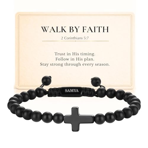 SAMYA Mens Beaded Bracelet, Black Onyx Cross Bracelet - style: WALK BY FAITH-Matte Onyx