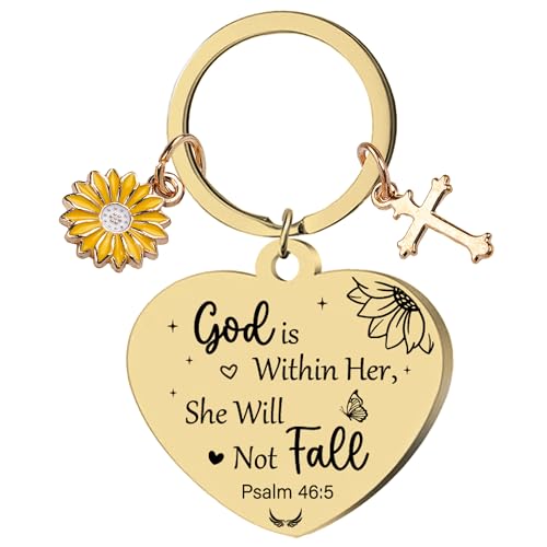 Sunflower Christian Gifts Keychain for Women, Inspirational Bible Verse Keyring, Religious Faith Gift for Birthday Christmas - color: Gold