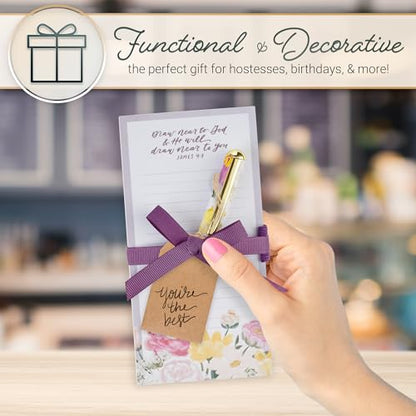 Christian Art Gifts Magnetic Notepad & Pen Set for Women, Draw Near to God - color: Purple & Pink Floral/Draw Near